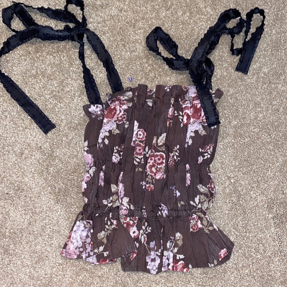 H&M Brown Floral Smocked Tie-Shoulder Tank